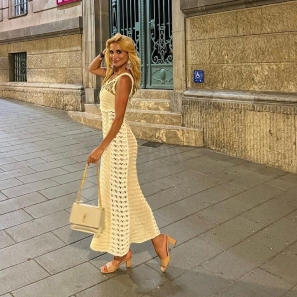 Zara Cream Crochet Midi Dress with Knit Openwork